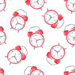 Watercolor red alarm clocks seamless pattern on white