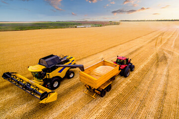 harvesting process. Combine harvesters work on the field. photo of a drone