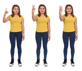 Obraz premium full portrait of the the same woman who counts from one to theree on white background