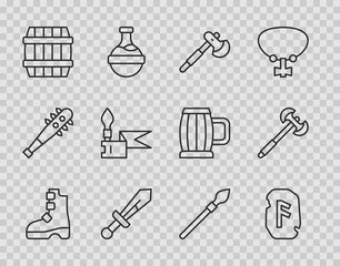 Set line Ancient viking boots, Magic rune, Wooden axe, Medieval sword, barrel, spear, and poleaxe icon. Vector