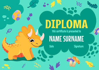 Fototapeta na wymiar Colorful school and preschool diploma certificate for kids and children in kindergarten or primary grades with cute dinosaurs. Vector cartoon illustration