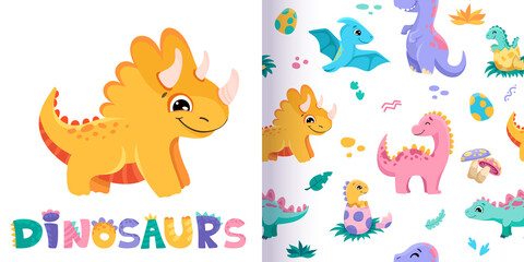 Seamless pattern with cute dinosaurs for fabric textile design. Hand drawn illustration for wallpaper print texture. Vector cartoon illustration