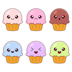 Delicious set of cupcakes with kawaii eyes. Colored muffins. Dessert vector illustration design.