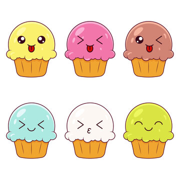 Delicious set of cupcakes with kawaii eyes. Colored muffins. Dessert vector illustration design.