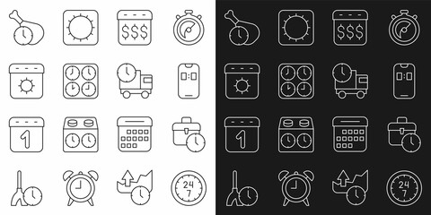 Set line Clock 24 hours, Work time, Alarm clock app mobile, Payday, calendar with dollar, Time zone clocks, Calendar summer, Food and Delivery truck and icon. Vector