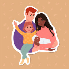 Mixed family. Father, mother, daughter and newborn baby with different skin color. Warm cute modern sticker.