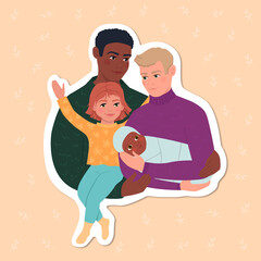 Mixed LGBT family. 2 daddies, a daughter and a newborn baby with different skin colors. Warm cute modern sticker.