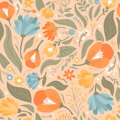 Orange seamless pattern of meadow flowers and leaves. Modern vector illustration.