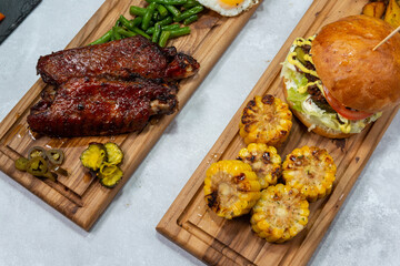 meat and vegetables on the grill, collage with grilled food, grilled meat, barbecue day banner 