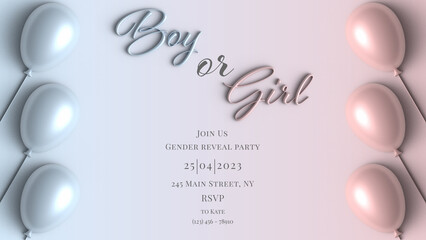 Invitation for gender reveal party. He or she postcard. Baby shower announcement banner in soft pink and blue pastel colours background, 3d. Boy or girl, trending illustration trending 
