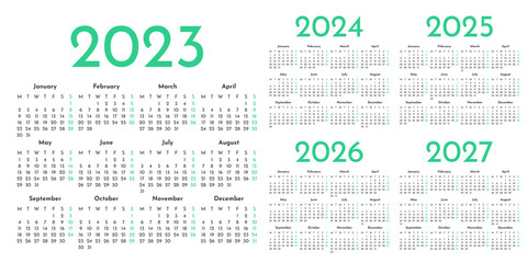 Set of green and white monthly calendar templates for 2023, 2024, 2025, 2026, 2027 years. Week starts on Monday. Album layout calendar in a minimalist style. Horizontal table grid. Agenda organizer