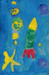 The spaceship, kids drawing illustretion, Flying in Deep Space, Child, Rocket, Astronaut.