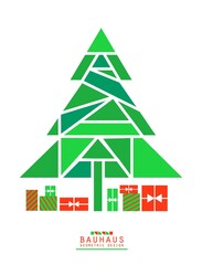 Christmas poster in bauhaus style. Bright Christmas tree on white background and triangle mosaic grid pattern. Vector flyers. New year 2D card in red and green colour geometric shapes.