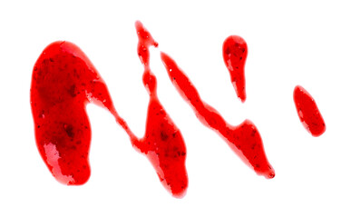 Strawberry jam drizzle isolated on white background. Splashes of berry confiture. Top view.