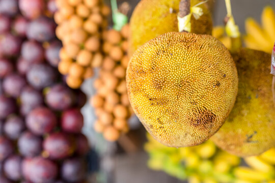 A Marang fruit native to Mindanao together with other produce at a fruit stall in Tagaytay, Philippines.