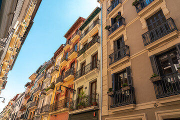 Beautiful building architecture in Pamplona city. Coloured buildings, beautiful façade typically...