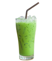 Iced matcha latte or Thai condensed milk-added green tea in transparent glass with black straw isolated on white background with clipping path