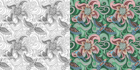 seamless pattern with birds and flowers for coloring with a color pattern, hand-drawn, fabulous pattern with fantastic patterns