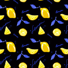 seamless pattern with lemons drawn by hand in a simple style, cartoon lemons, decorative summer background with lemons and leaves