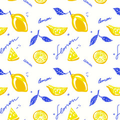 seamless pattern with lemons drawn by hand in a simple style, cartoon lemons, decorative summer background with lemons and leaves