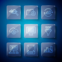 Obraz premium Set line Data analysis, Server, Financial growth, Pie chart infographic, Binary code, Cloud computing lock, Search data and icon. Vector