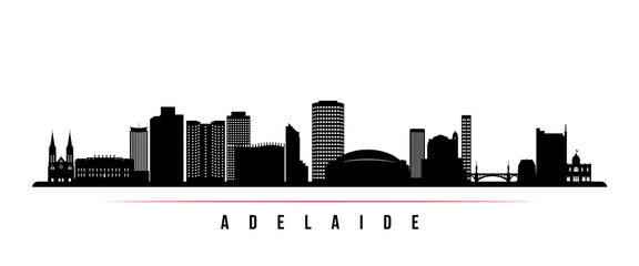 Adelaide skyline horizontal banner. Black and white silhouette of Adelaide, Australia. Vector template for your design.