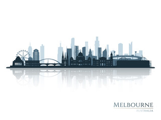 Melbourne skyline silhouette with reflection. Landscape Melbourne, Australia. Vector illustration. - obrazy, fototapety, plakaty