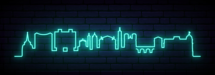 Blue neon skyline of Nice. Bright Nice City long banner. Vector illustration.