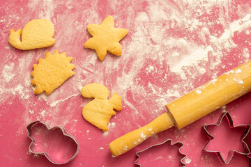 christmas cookies on the table. homemade liver, rolling pin on the table, baking cookies