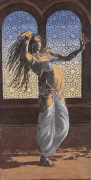 An exotic belly dancer. Sparks of energy surround her body as she dances in front of a stained glass window.