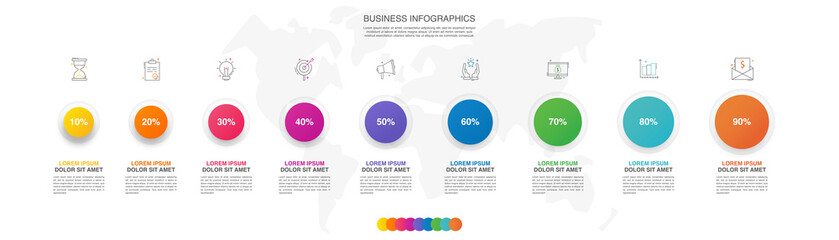 Vector timeline infographics template with nine circles and options. Blank space for web, infographic, diagram, business, digital network, flowchart, presentations