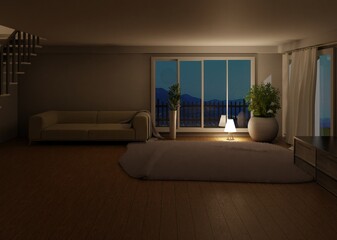 Night interior scene with panoramic window and lamp on the floor. Big fluffy carpet and couch. Cozy interior. 3D rendering.