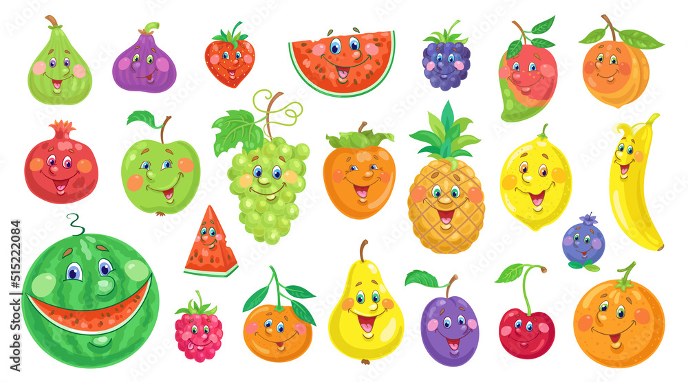 Poster Big collection of funny colorful fruits. In cartoon style. Isolated on white background. Vector flat illustration.