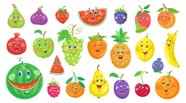 Big collection of funny colorful fruits. In cartoon style. Isolated on white background. Vector flat illustration.