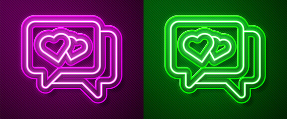 Glowing neon line Heart in speech bubble icon isolated on purple and green background. Happy Valentines day. Vector