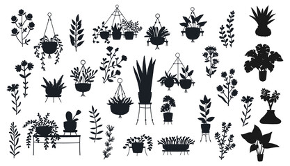 Set of plants in hanging pots and pots on stands home jungle Vectors Silhouettes.