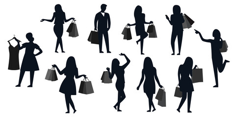 Fototapeta na wymiar Fashionable girl shopping excitement with shopping bags concepts Vectors Silhouettes Collections