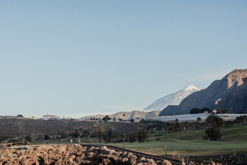 Fototapeta na wymiar View of Mount Teide and golf course in Tenerife, Canary Islands, volcano