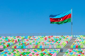 Azerbaijan Flag. The national flag of Azerbaijan. Horizontal tricolour that features three equally...