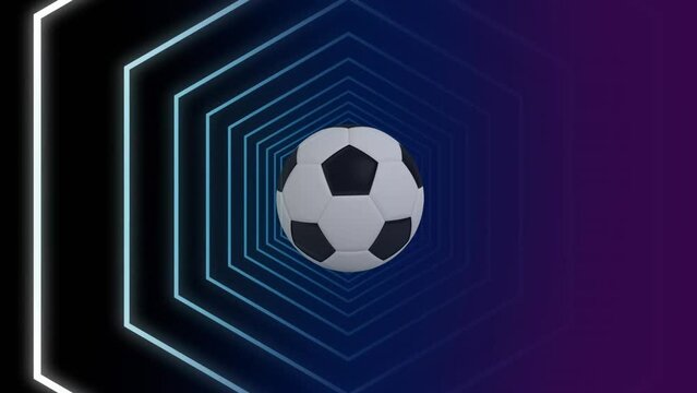 Animation of soccer ball in tunnel made of blue and violet hexagons