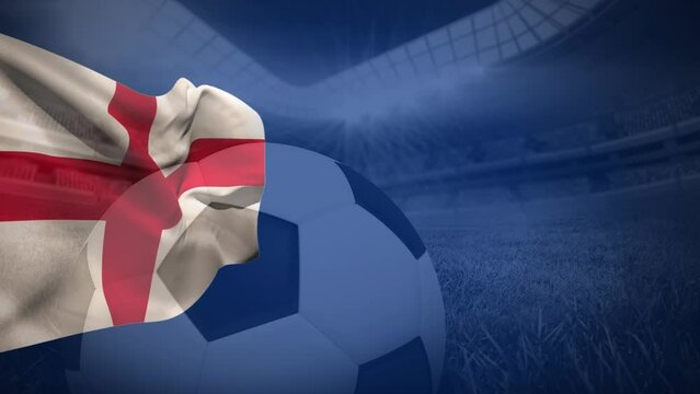 Animation of flag of england over soccer ball and sport stadium