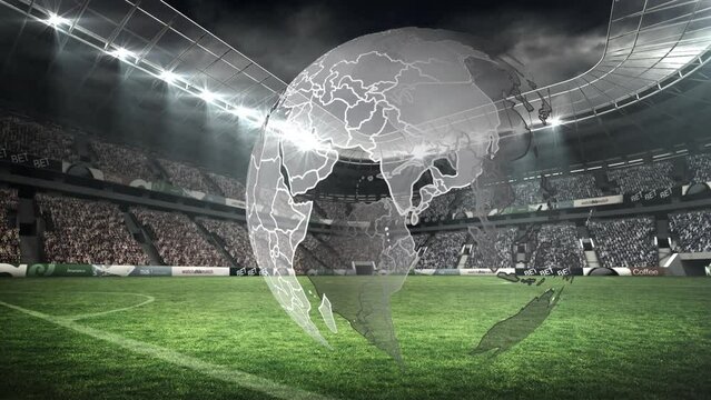 Animation of globe rotating over sport stadium
