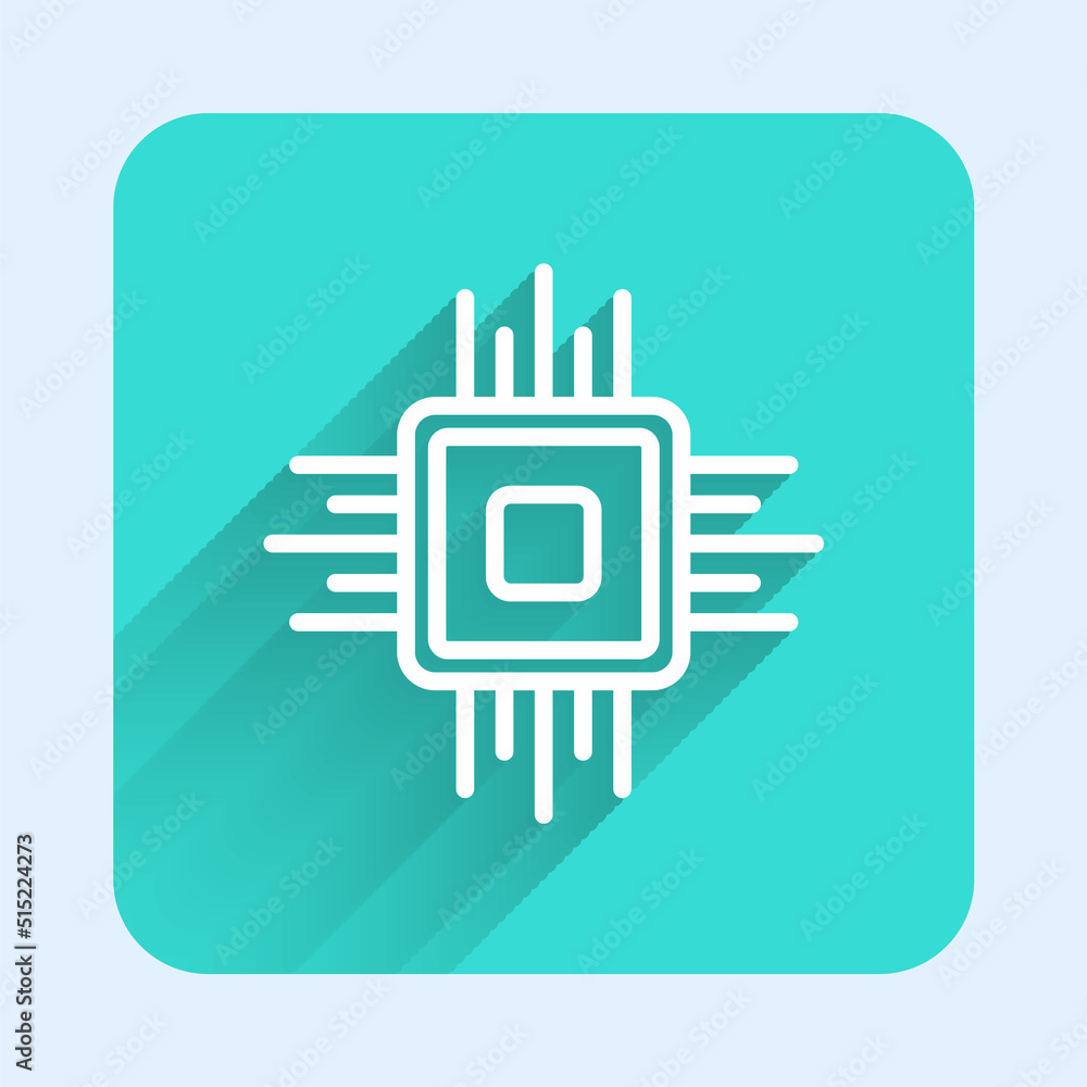 Poster white line computer processor with microcircuits cpu icon isolated with long shadow background. chip