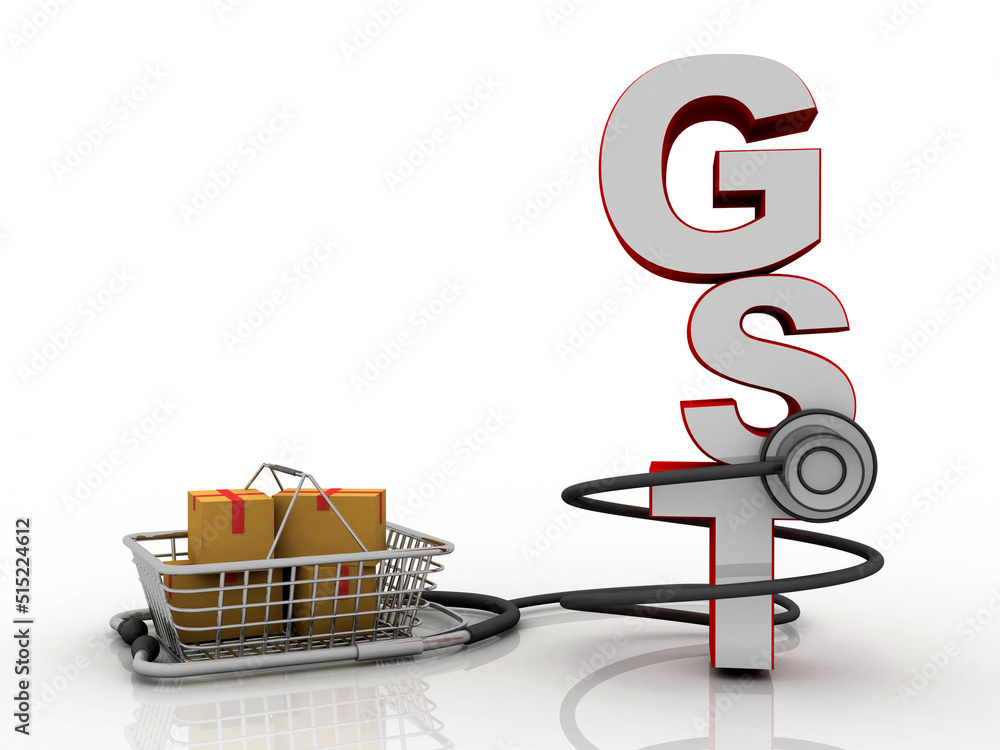 Poster 3d rendering cardboard boxes on trolley with gst connected stethoscope