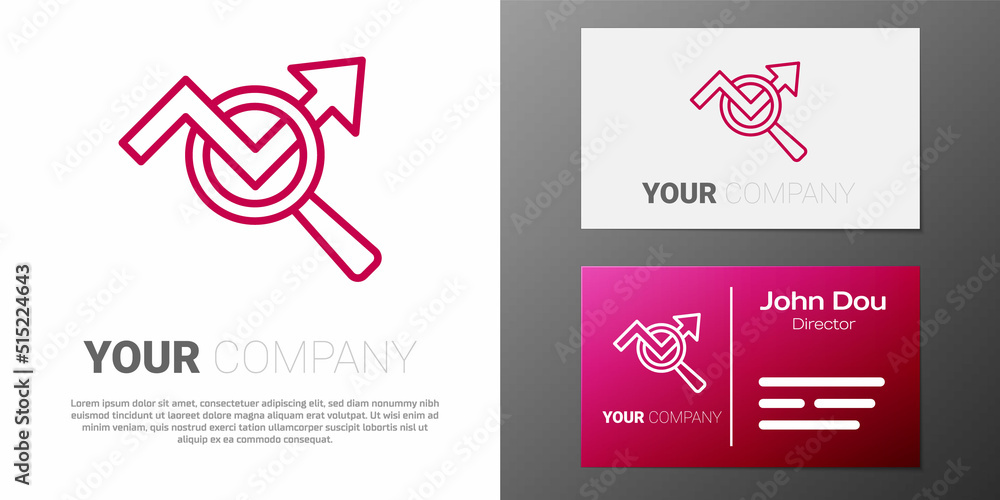 Poster logotype line magnifying glass and data analysis icon isolated on white background. search sign. log