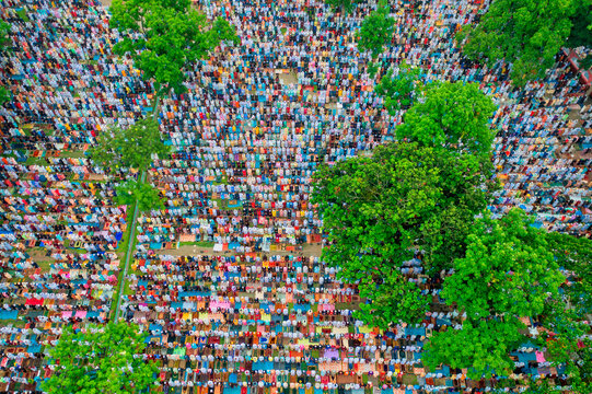 Aerial view of People Worshipping at Eid-ul-Fitr, Mubarak outdoors, Kishoreganj, Dhaka, Bangladesh.