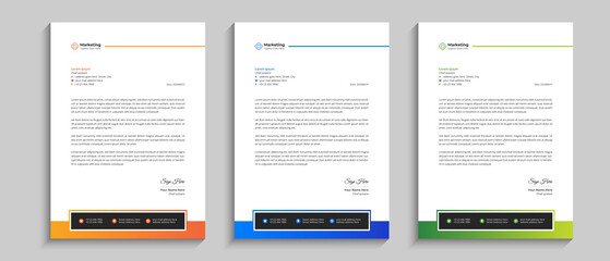 Professional letterhead template design in minimal and unique style. Business letterhead design template with orange, blue, and green colors.