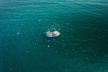 Aerial view of fishing boat in turquoise sea pulling in lobster & crab pots while seagulls fly overhead, Mevagissey, Cornwall, United Kingdom.