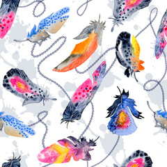 Watercolor birds feathers pattern. Seamless texture with hand drawn feathers on white background