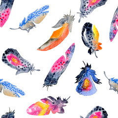 Watercolor birds feathers pattern. Seamless pattern on white background